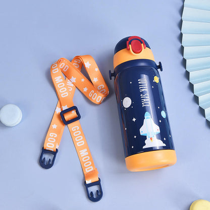 Black Outer Space Premium Water Bottle | 450ml Stainless Steel | Hot & Cold | Double Lid & Strap