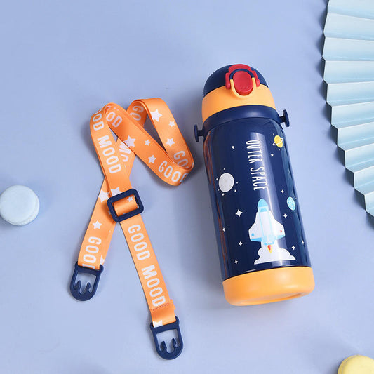 Blue Space Premium Water Bottle | 450ml Stainless Steel | Hot & Cold | Double Lid & Strap